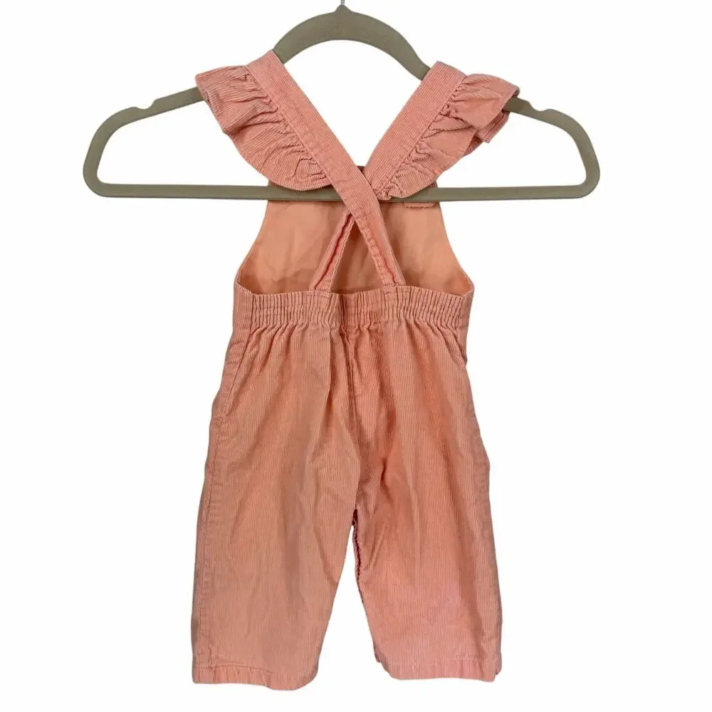 Vintage Overalls 12 Months Infant Pink Poodle Corduroy Ruffles Padded Knees